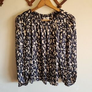 Velvet by Graham & Spencer Navy Cream Popover Blouse Long Bubble Sleeve Small S